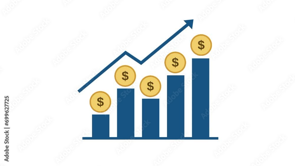 green screen background and normal mode, Graphic animation with rising arrows and coins, illustration of business growth and economic improvement