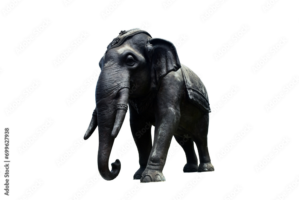 Copper cast bronze elephant on white background with clipping path. Elephant stucco.