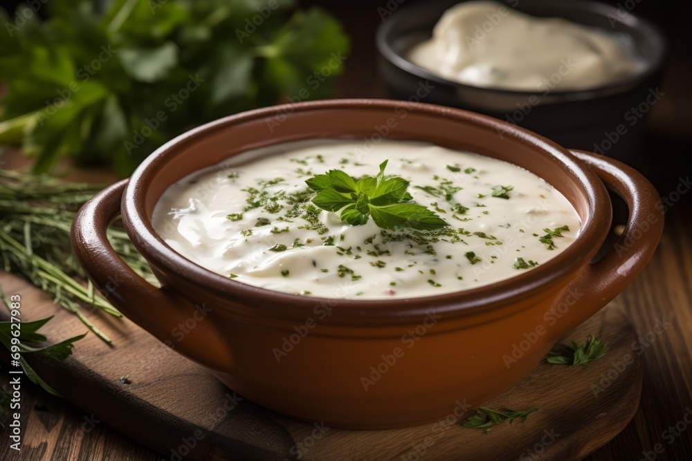 An appetizing image of Qimiq, a unique Austrian cream used in various dishes, garnished with herbs and ready to serve