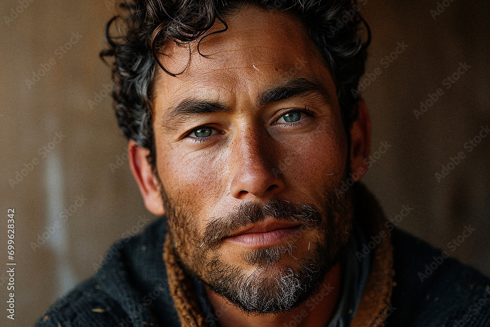 Fototapeta premium Attractive adult man with beard portrait looking at camera