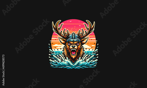 head deer angry wearing viking hat vector mascot design