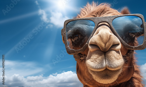 Camel wearing sunglasses against blue sky with clouds. 3d rendering. photo