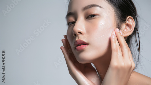 Portrait of joyful Japanese girl touching face in bathroom, admiring cosmetic effect of moisturizing cream, organic oil, cleaning lotion, looking at camera, smiling. Skincare, dental care concept