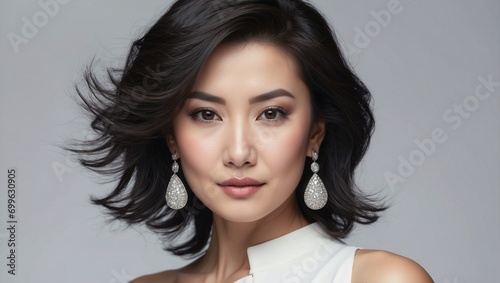 A beautiful asian stylish middle-aged woman. Neat clean shining face, makeup. Amazing styling of black hair. Expensive diamond jewelry. Earrings and necklaces with precious stones.