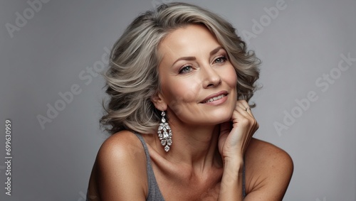 A beautiful stylish middle-aged woman. Neat clean shining face, makeup. Amazing styling of grey hair. Expensive diamond jewelry. Earrings and necklaces with precious stones. photo