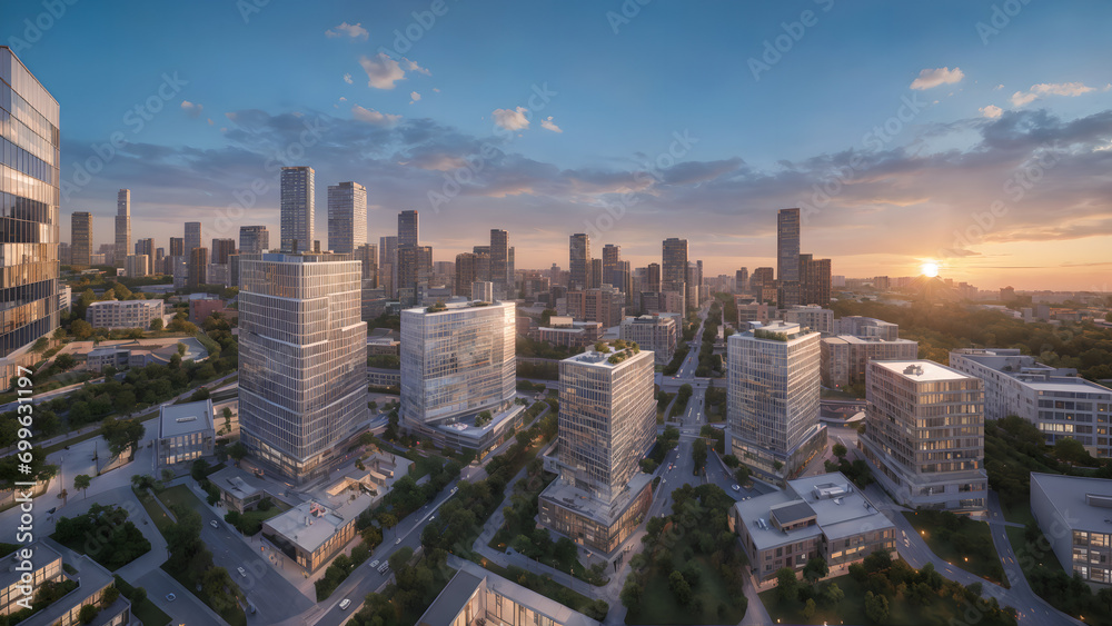 Aerial shots of the city skyline, the skyscrapers of a modern city