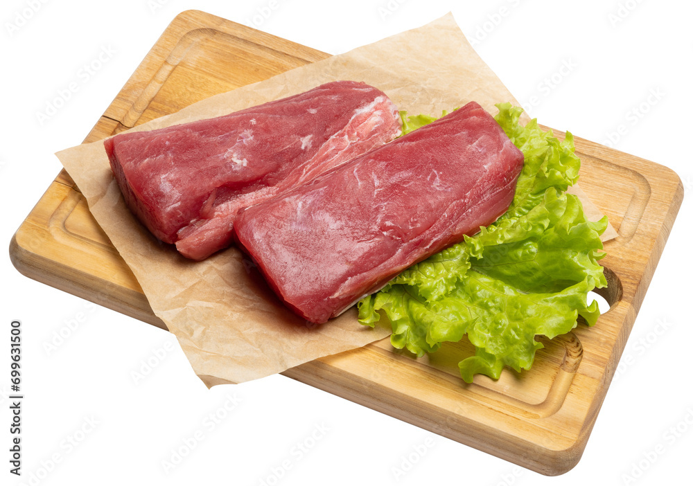 Fresh tuna Fish steak on a wooden cutting serving board isolated Fresh tuna Fish steak on a wooden cutting serving board isolated