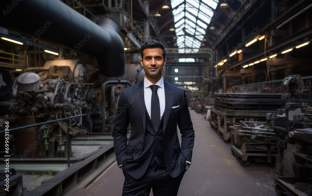 Fototapeta premium Young indian businessman standing confidently at factory