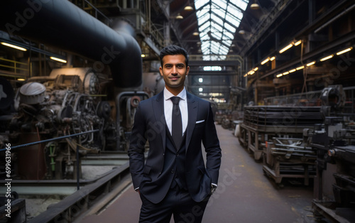 Young indian businessman standing confidently at factory