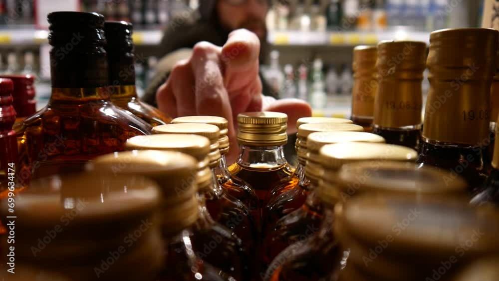 Close-up of many beautiful bottles of whiskey and brandy in alcohol store and a male buyer chooses one.