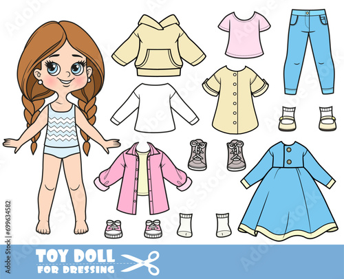 Cartoon long hair braided girl and clothes separately -  casual dress, hoodie, tunic, shirt, jeans and sneakers doll for dressing