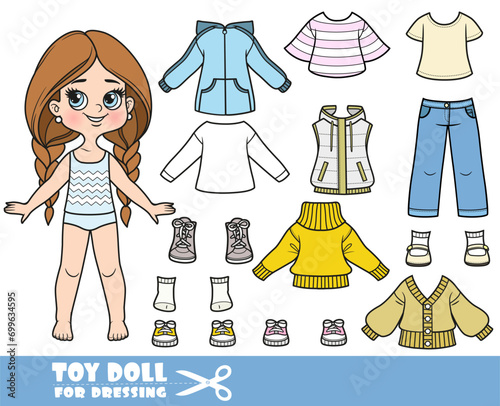 Cartoon long hair braided girl and clothes separately -  casual sweater, insulated vest, demi-season jacket, shirt, jeans and sneakers doll for dressing