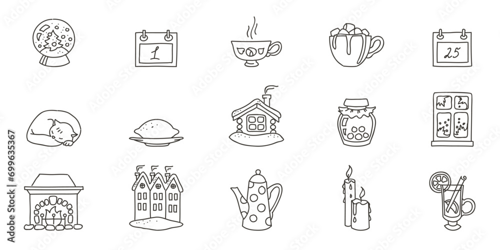 Winter time icon set. Doodle illustrations of winter cozy symbols such as coffee cup, marshmallows, candle, fireplace etc. isolated on a white background. Vector 10 EPS.
