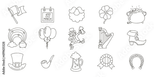 St. Patrick's Day icon set. Doodle illustrations of leprechaun, horseshoe, pipe, mag of ale, cauldron of gold, rainbow etc. isolated on a white background. Vector 10 EPS.