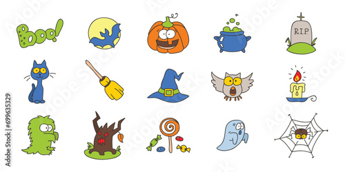 Halloween icon set. Doodle illustrations of Halloween symbols such as pumpkin, ghost, bat, black cat, sweets etc. isolated on a white background. Vector 10 EPS.