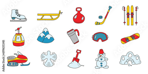 Snow activities icon set. Doodle illustrations of winter sport equipment isolated on a white background. Skate, ski, snowboard, sled etc. Vector 10 EPS.