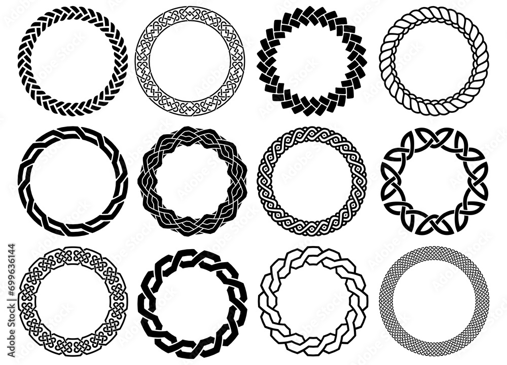 Simple Celtic circular frame, black. Celtic braid circular frame vector ornament on a white background. black Illustration in various themes. - obrazy, fototapety, plakaty 
