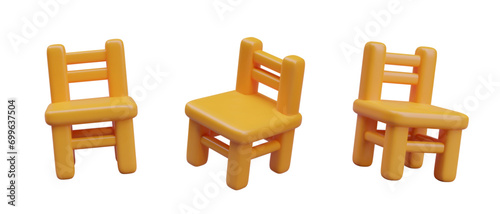 Realistic yellow chair with back. Wooden furniture for sitting. Vector object at different angles for dynamic design of application, website, online store. Furniture for children