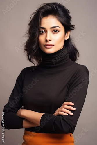 Young woman wearing turtleneck sweater.