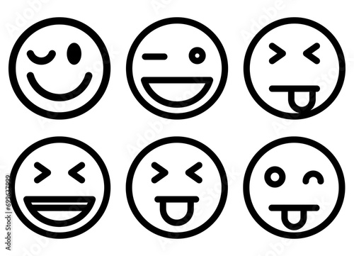  Squint Emoticon with Eyes Closed and Tounge-Out. Big set emoji. Emoticons Pack. black Illustration in various themes. 