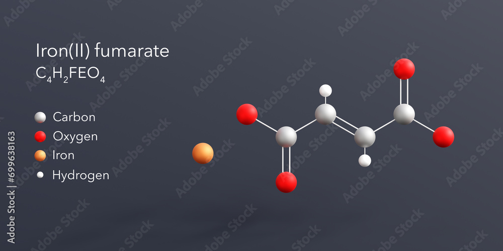 iron(ii) fumarate molecule 3d rendering, flat molecular structure with chemical formula and atoms color coding