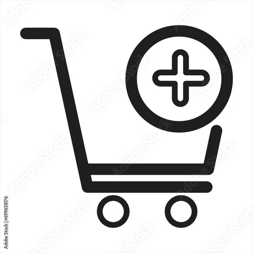 Shopping Cart by Plus Vector Line Symbol. Suitable for books, stores, shops. Editable stroke in minimalistic outline style. Symbol for design