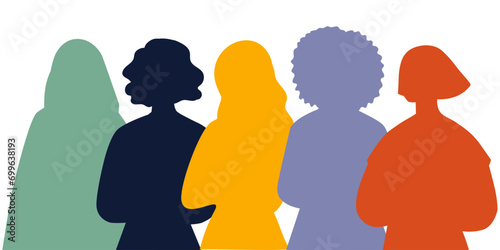 Silhouettes of women of different nationalities. International Women's Day. Colored silhouettes vector photo
