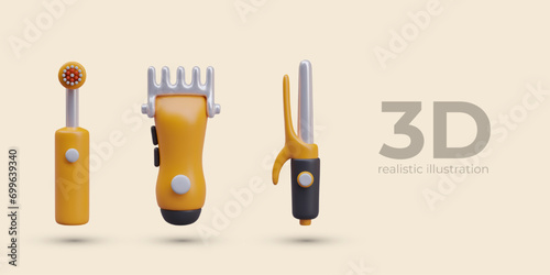 Set of modern electrical devices for personal care and hygiene. Toothbrush, trimmer, curling iron. Isolated objects in vertical position. Professional hair and teeth care