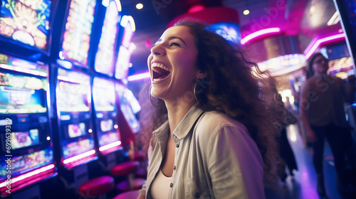 woman playing slot machines at the casino. gambling addiction photo