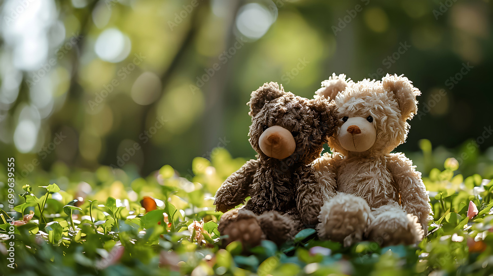 Couple of teddy bears on the grass. Copy space. Couple of teddy bears on the grass. Copy space.