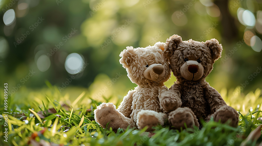 Cute brown and beige teddy bears enjoying a sunny day outdoors.