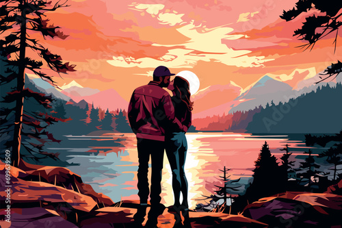romantic couple in peaceful landscape by lake at sunset vector illustration