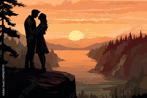 romantic couple in peaceful landscape by lake at sunset vector illustration