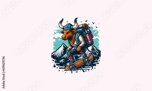 bull playing skateboard on mountain vector artwork design