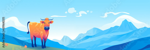 Vaca e ao fundo montanhas azuis  - Ilustração infantil Panorama © vitor