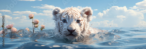 Tigre albino dentro da agua com flores - Fundo de tela Panorama