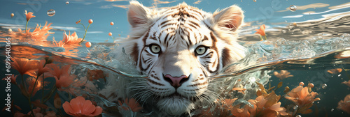 Tigre albino dentro da agua com flores - Fundo de tela Panorama photo