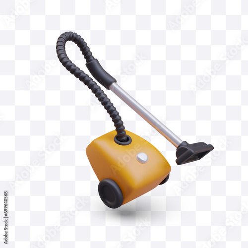Yellow vacuum cleaner with long hose. Device for cleaning floor coverings. Isolated realistic model. Electrical home equipment. Template for store of household appliances