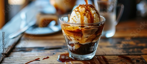 Affogato is an Italian dessert made by pouring hot espresso over a scoop of gelato in a cup. photo