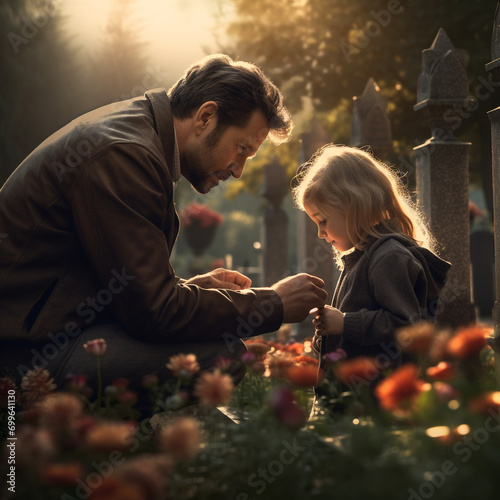 Father and daughter putting flowers in the cemetery © Create of God