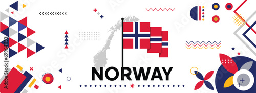 Norway national or independence day banner for country celebration. Flag and map of Norway with modern retro design with typorgaphy abstract geometric icons. Vector illustration.
