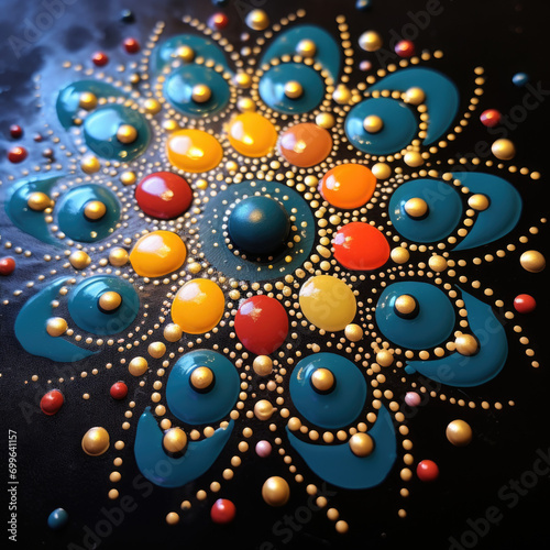 Close-up on colorful mandala, ornate geometric pattern with point dots on black background.
