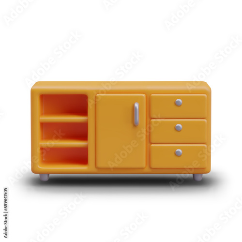 Front view on orange commode with different open and closed shelves. Model for online computer game. Furniture concept. Vector illustration in 3d style with shadow