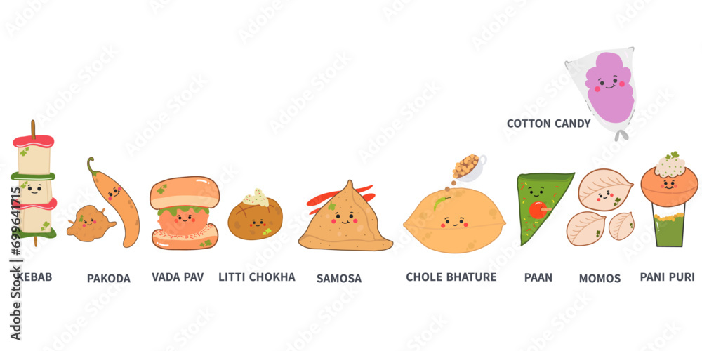 Indian street food vector icon set, avatar set, Indian cuisine icon.  
