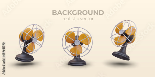 Set of classic portable table fans. Household electrical appliance for air cooling in heat. Line of devices for home and office. Realistic model in different positions