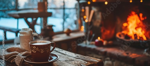 Hot drink by cozy fireplace photo