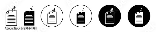 Note paper with pushbutton or push pin needle icon thin line art set collection 