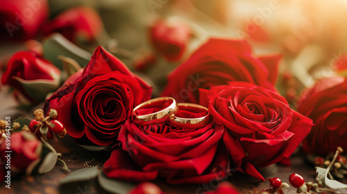 Wedding rings grace lush red roses