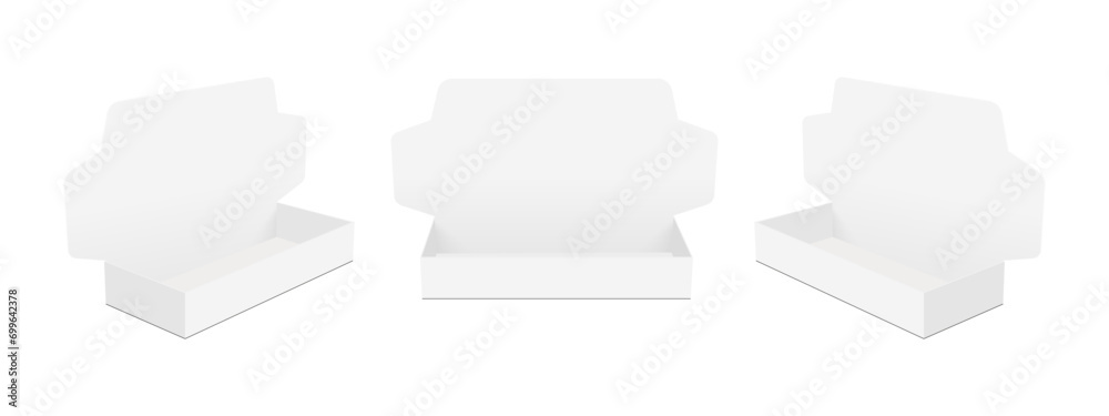 Cardboard Flip Top Mailer Boxes, Opened Lid, Front And Side View, Vector Illustration Cardboard Flip Top Mailer Boxes, Opened Lid, Front And Side View, Vector Illustration
