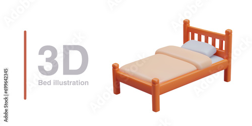 Single bed, top view. Wooden bed frame on high legs and with slatted headboard. Space for drawers below. Illustration for category single bedroom furniture, mattress, bed sets